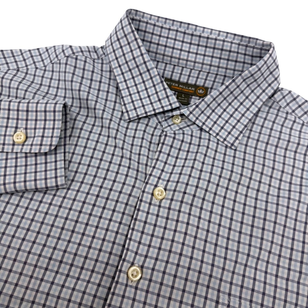 Peter Millar Summer Comfort Shirt Mens L Performance Button Up Blue White Check